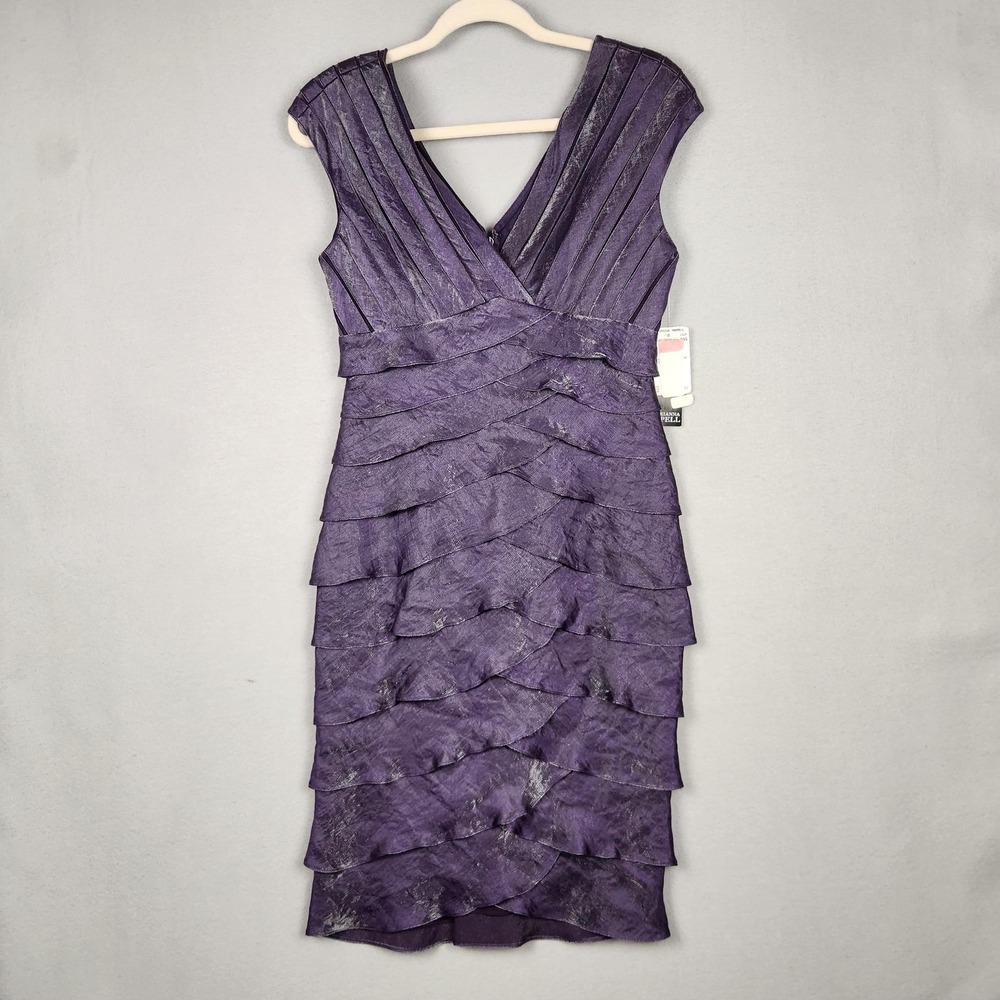Adrianna Papell Dress Womens 6 Purple Layered Tiered V-Neck Cocktail Party